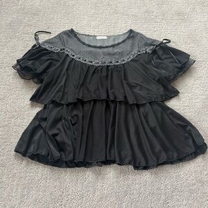 NEW Axes Femme Black and Gray Ruffle Mesh and Lace Blouse with Ribbon Sleeves